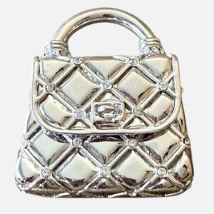 St John Vintage Silver Toned/Rhinestone Quilted Purse Brooch Very Good Condition